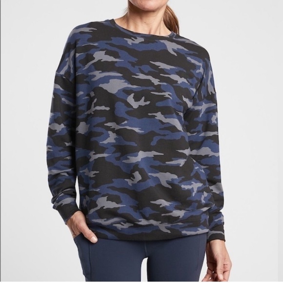 Athleta Balance Pullover Camouflage Camo Sweatshirt Blue Black Crewneck Nirvana - Picture 1 of 11